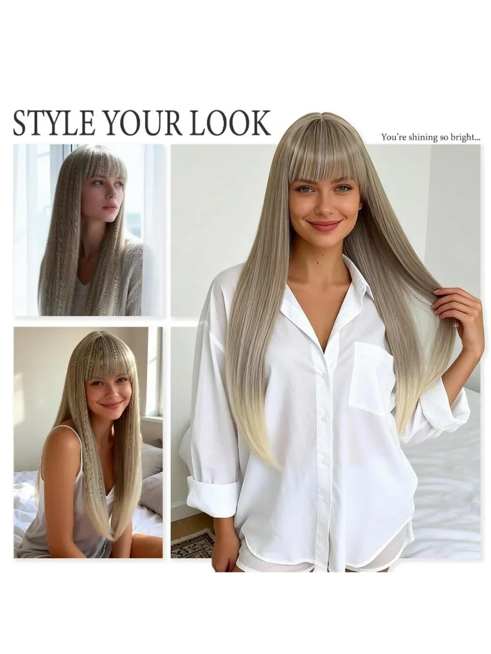Women's Ashy Blonde 24 Inch Heat Resistant Synthetic Long Straight Bangs Wig
